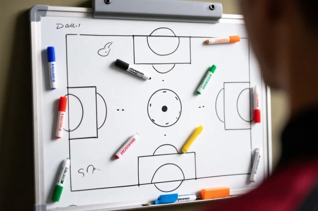 A close-up of a tactical soccer strategy whiteboard with drawings and markers