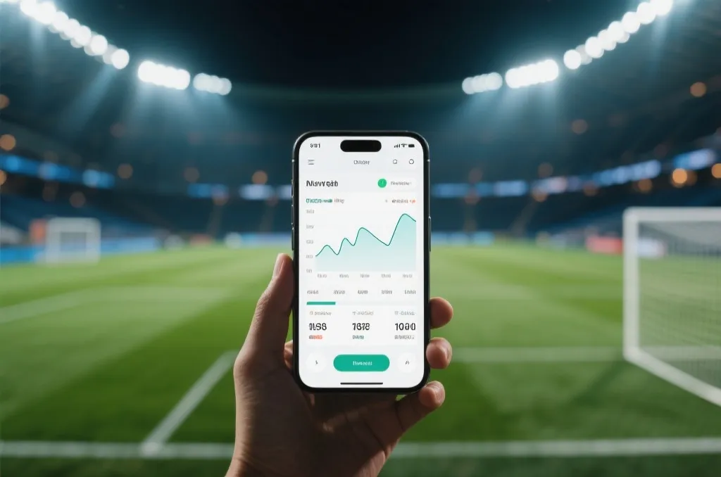 A professional soccer stadium field at night with bright stadium lights, a blurry background, and a smartphone in the foreground displaying real-time sports statistics graphs, clean and modern aesthetic