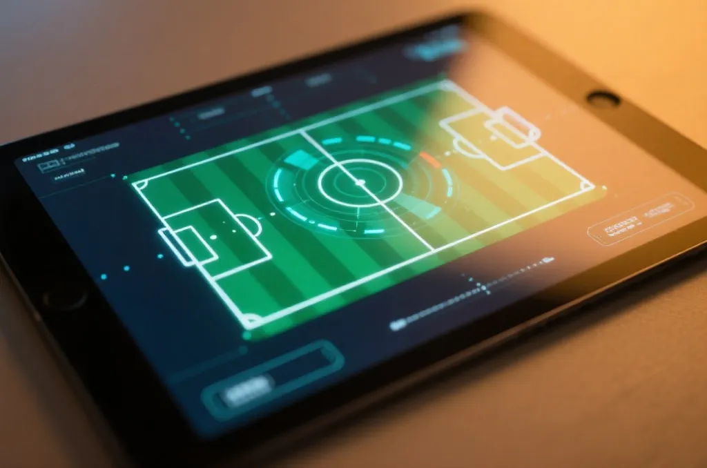 Close-up of a tablet screen showing a 3D digital radar animation of a football pitch with tactical lines, warm overhead lighting, high quality editorial photography