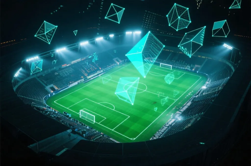 A glowing green football pitch under stadium lights with digital data overlay