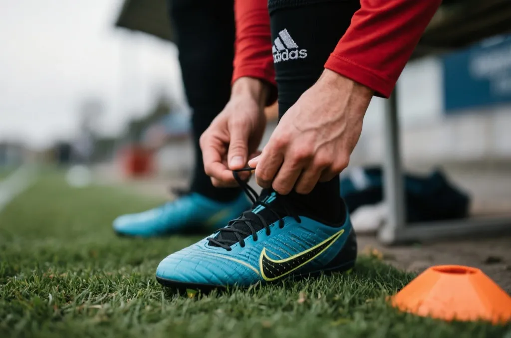 A close-up shot of a soccer player tying their cleats on the sideline