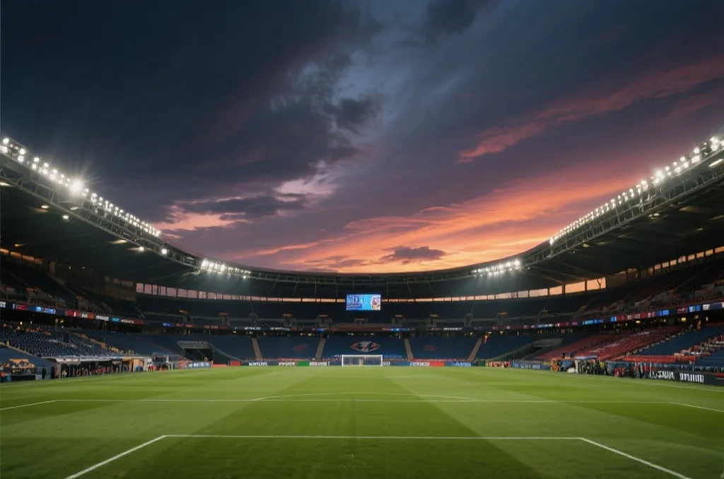 empty football stadium under dramatic evening sky pre-match