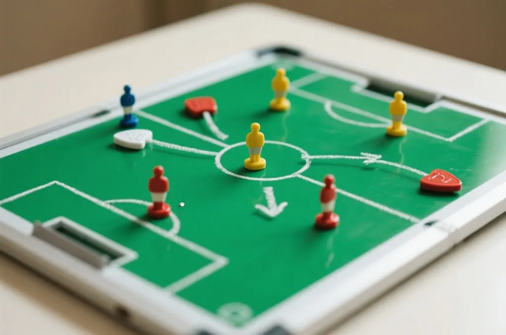 A green soccer tactical board with magnetic player pieces and chalk arrows showing wing play attack strategies, close-up, clean design